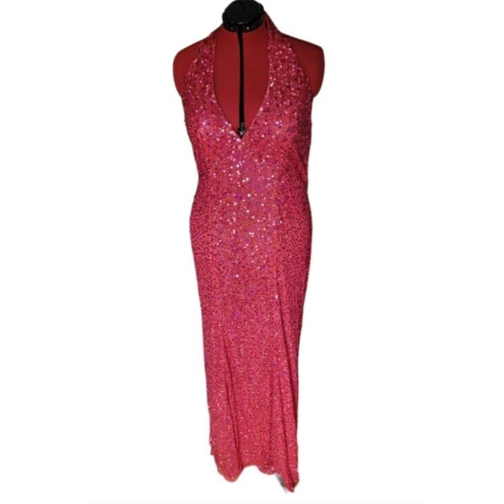 Cassandra Stone red halter beaded maxi dress breast pads, slip, zipper, size 20W